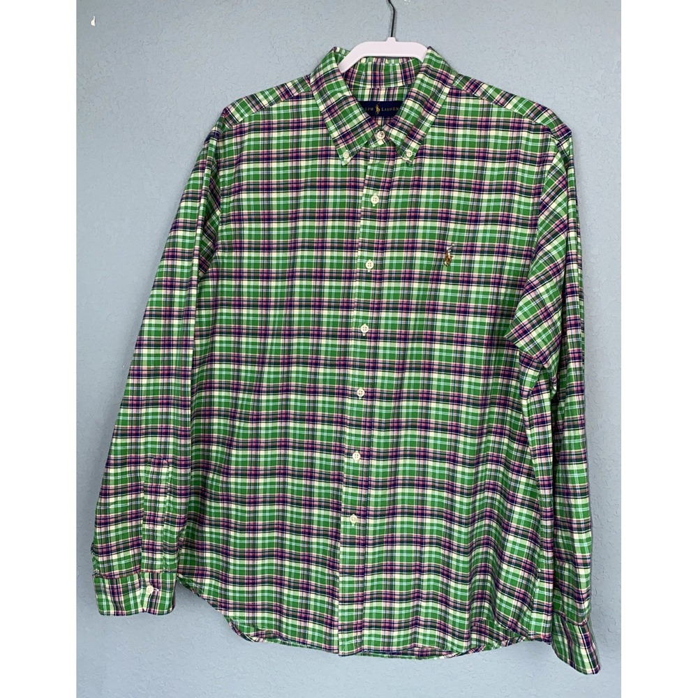 Polo Ralph Lauren Men L/S Shirt‎ XL Green Pink Blue Plaid Button Cotton Colorful